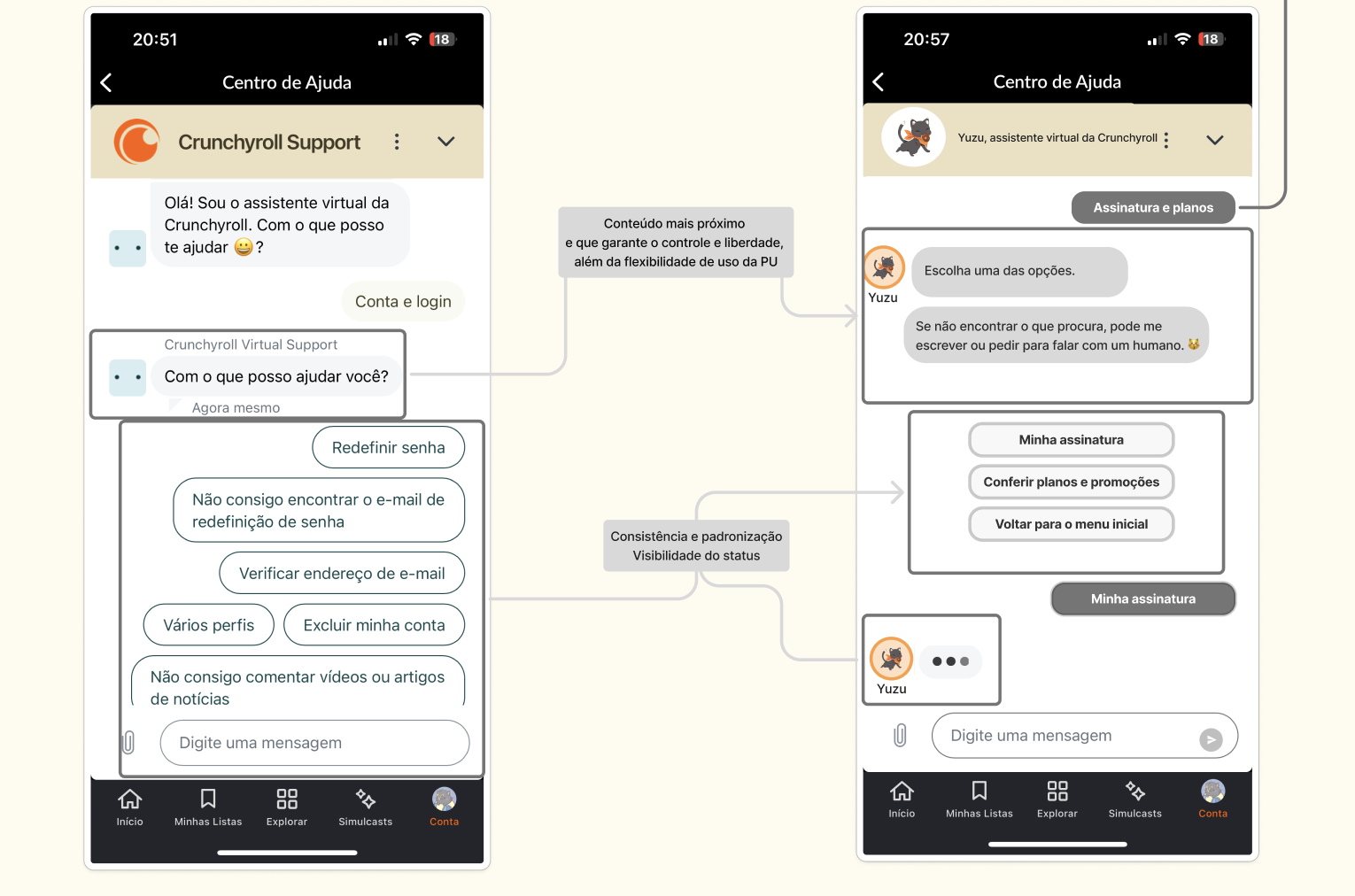 Before and after: the support menu, reorganized for consistency and clearer labels.