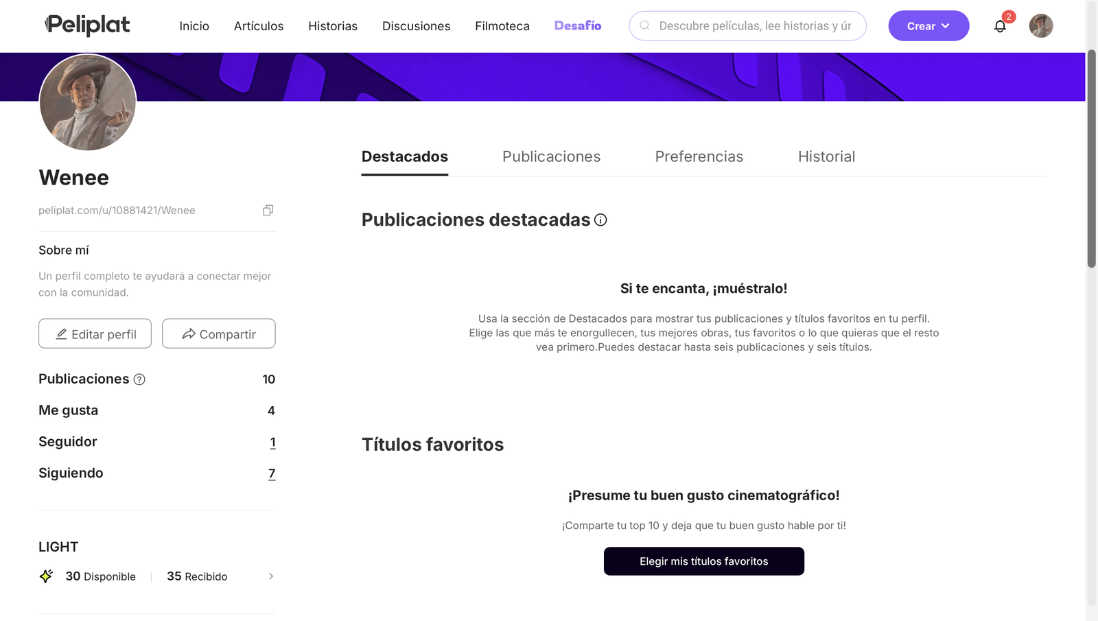 The same Peliplat profile in Spanish.
