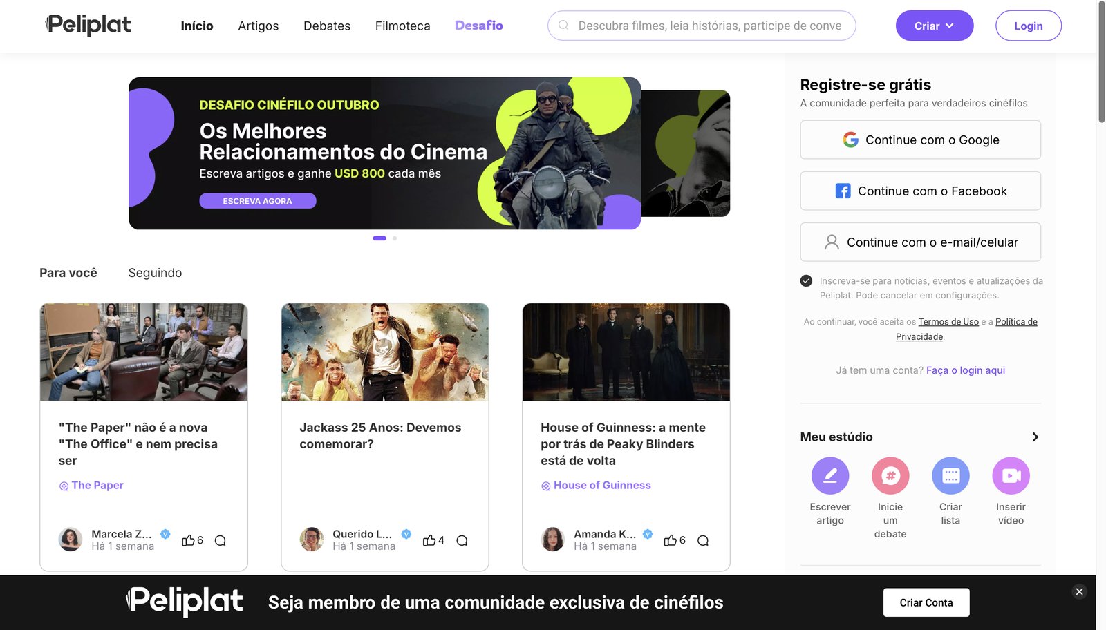 A home do Peliplat: o feed de conteúdo, a criação de posts e o cadastro numa tela só.