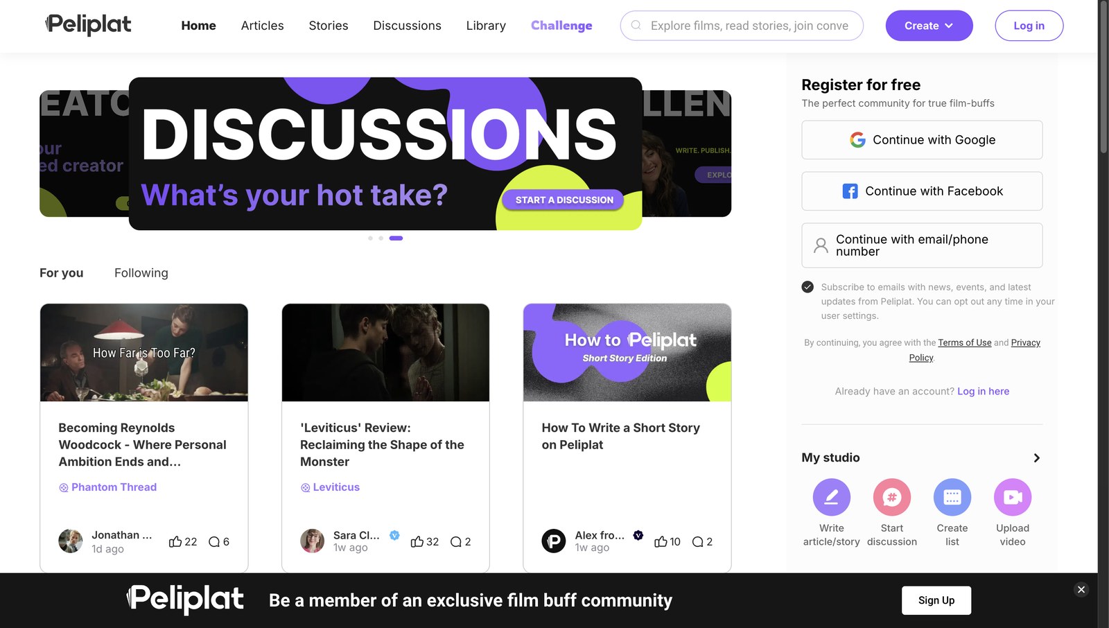 Peliplat home: the discussions feed, content creation, and sign-up on one screen.