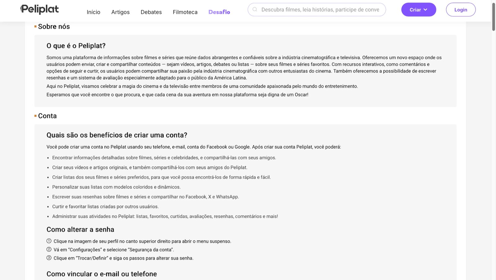 A Central de Ajuda do Peliplat: perguntas frequentes e orientações de conta.