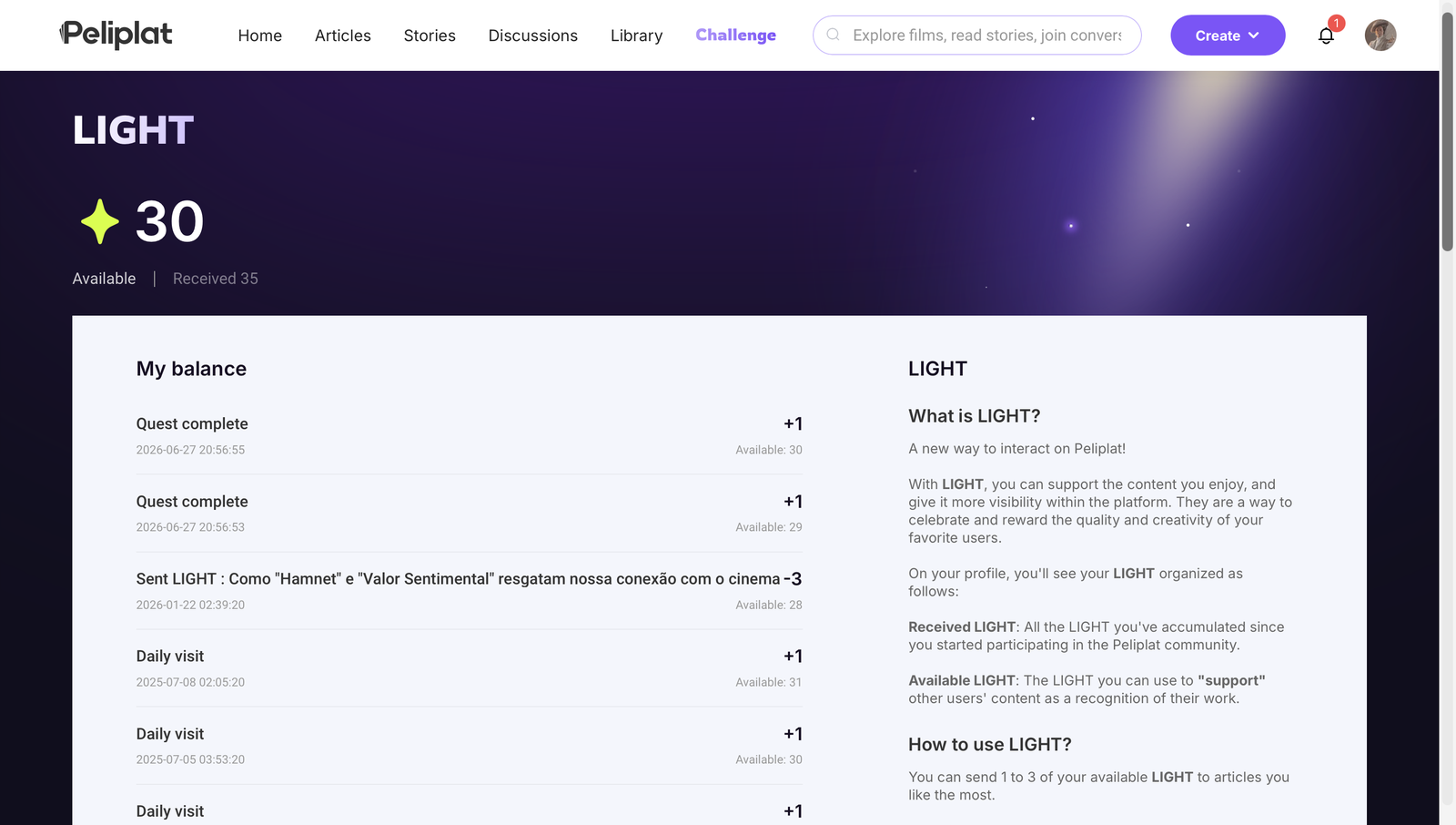 The LIGHT points system on the profile and rewards page.
