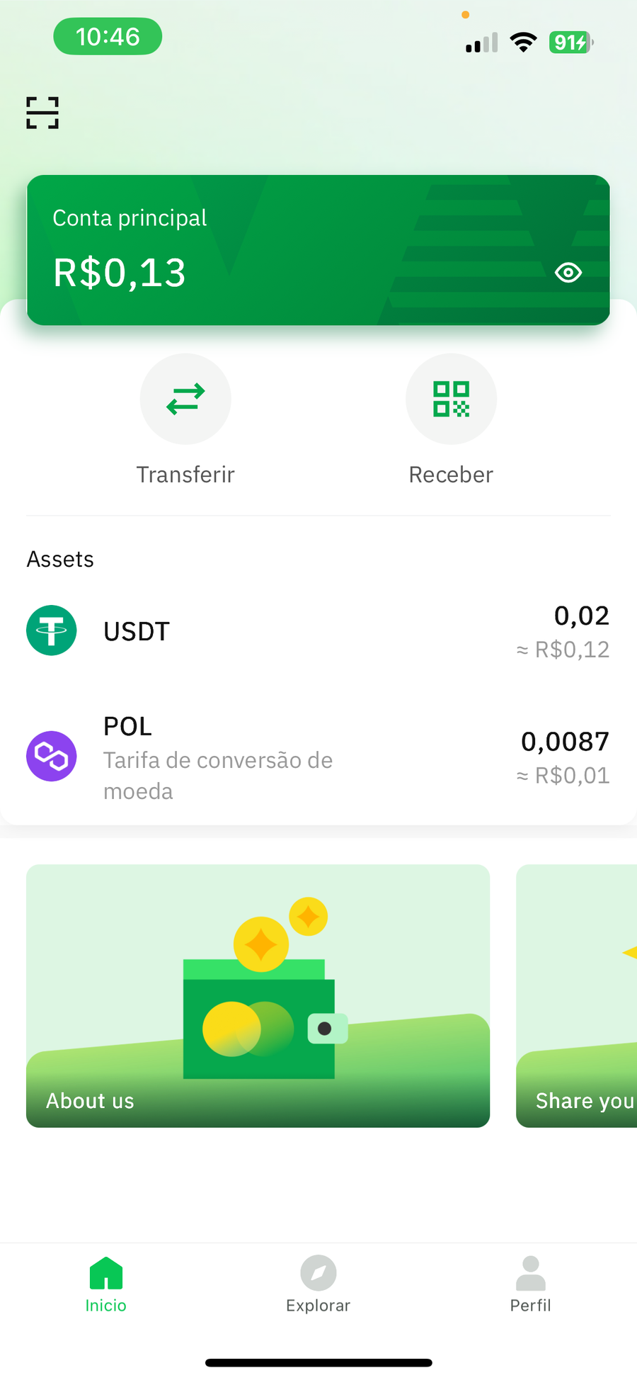 VVWallet app home screen, localized to Portuguese.