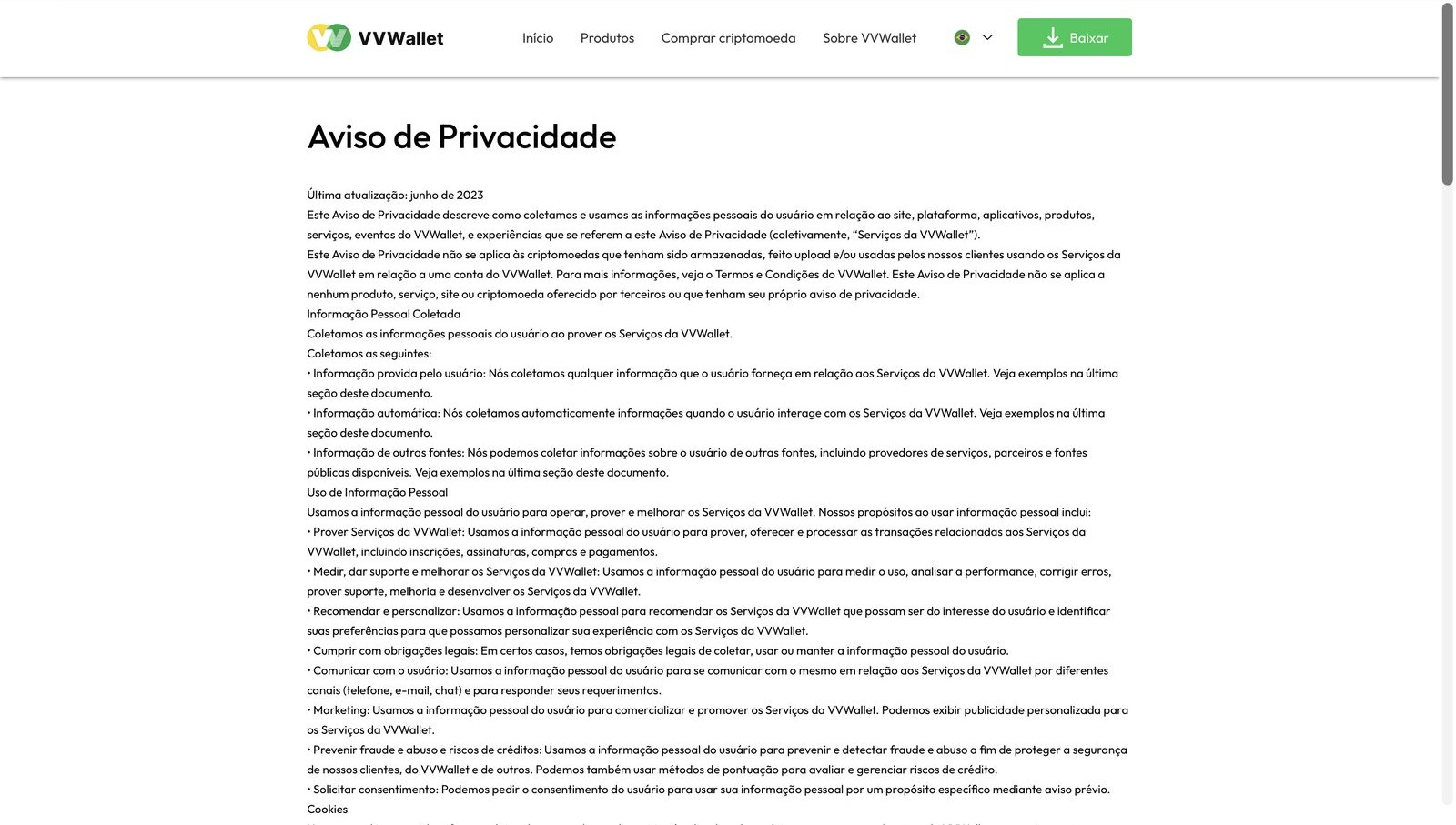 VVWallet's Privacy Notice, translated into Portuguese.