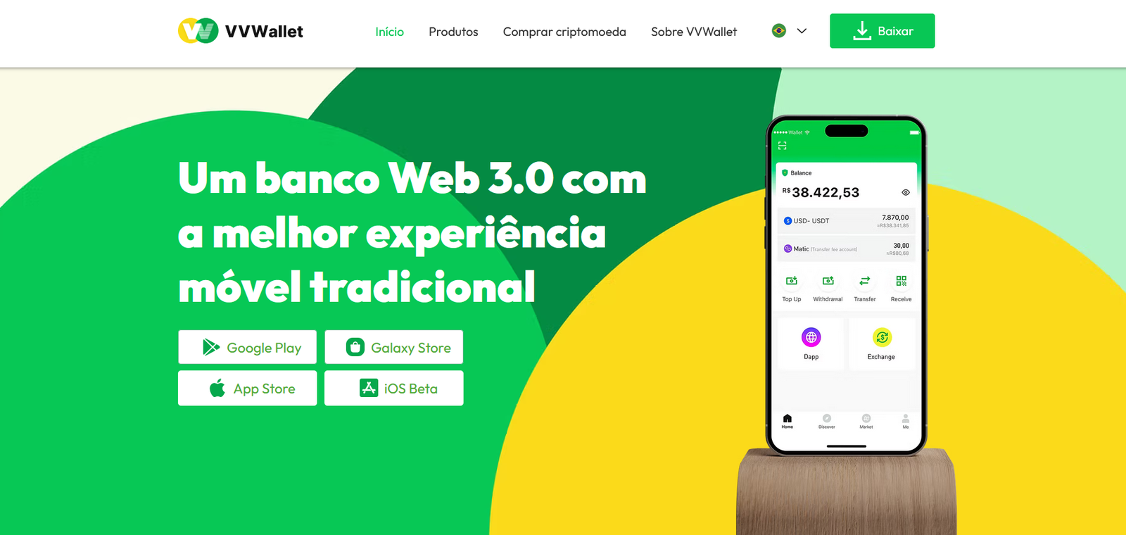 The VVWallet website: a Web 3.0 bank with a traditional mobile experience.