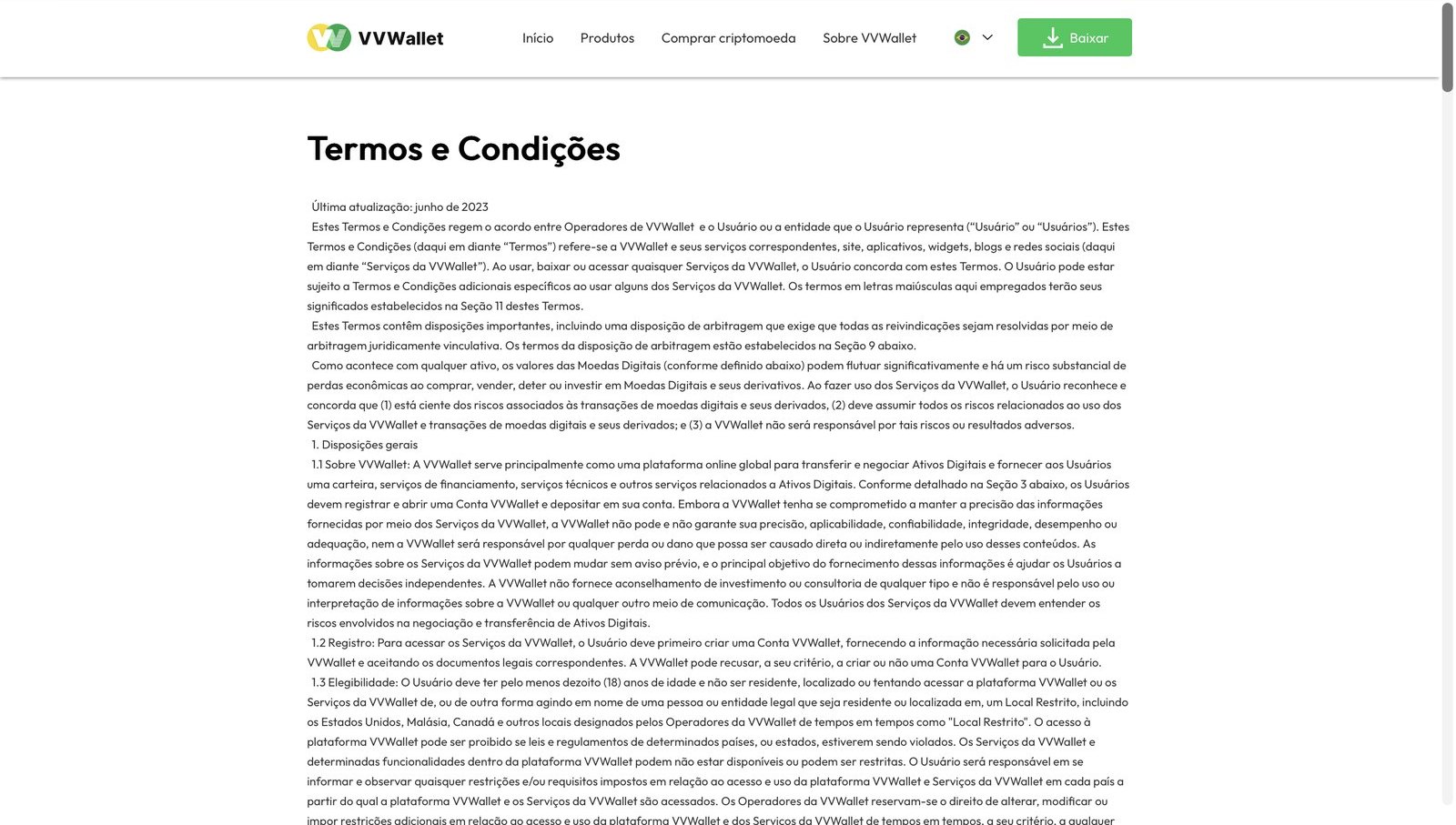 VVWallet's Terms & Conditions, translated into Portuguese.